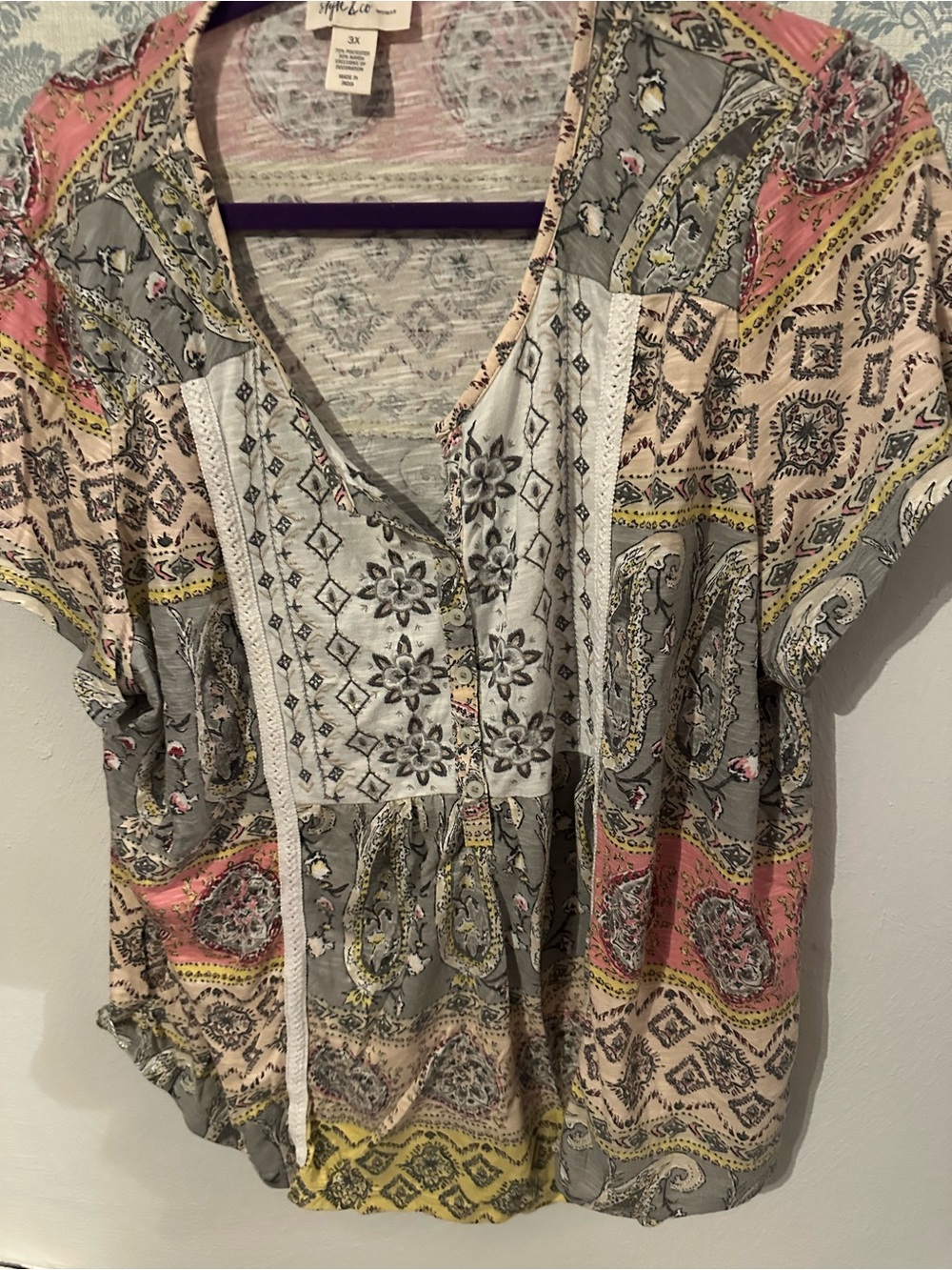Style & Co. Gray, Pink & Yellow Paisley V-Neck Tunic